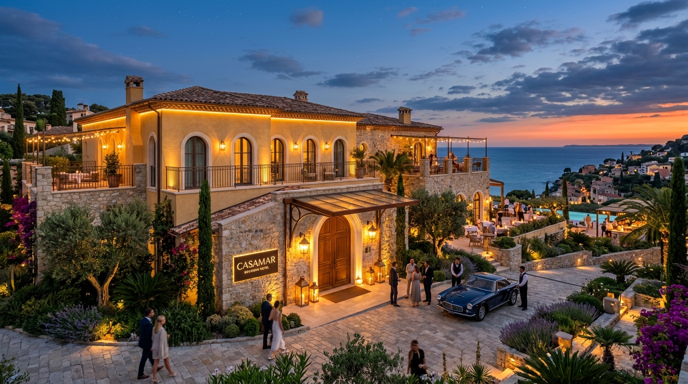 Luxury hotel exterior twilight