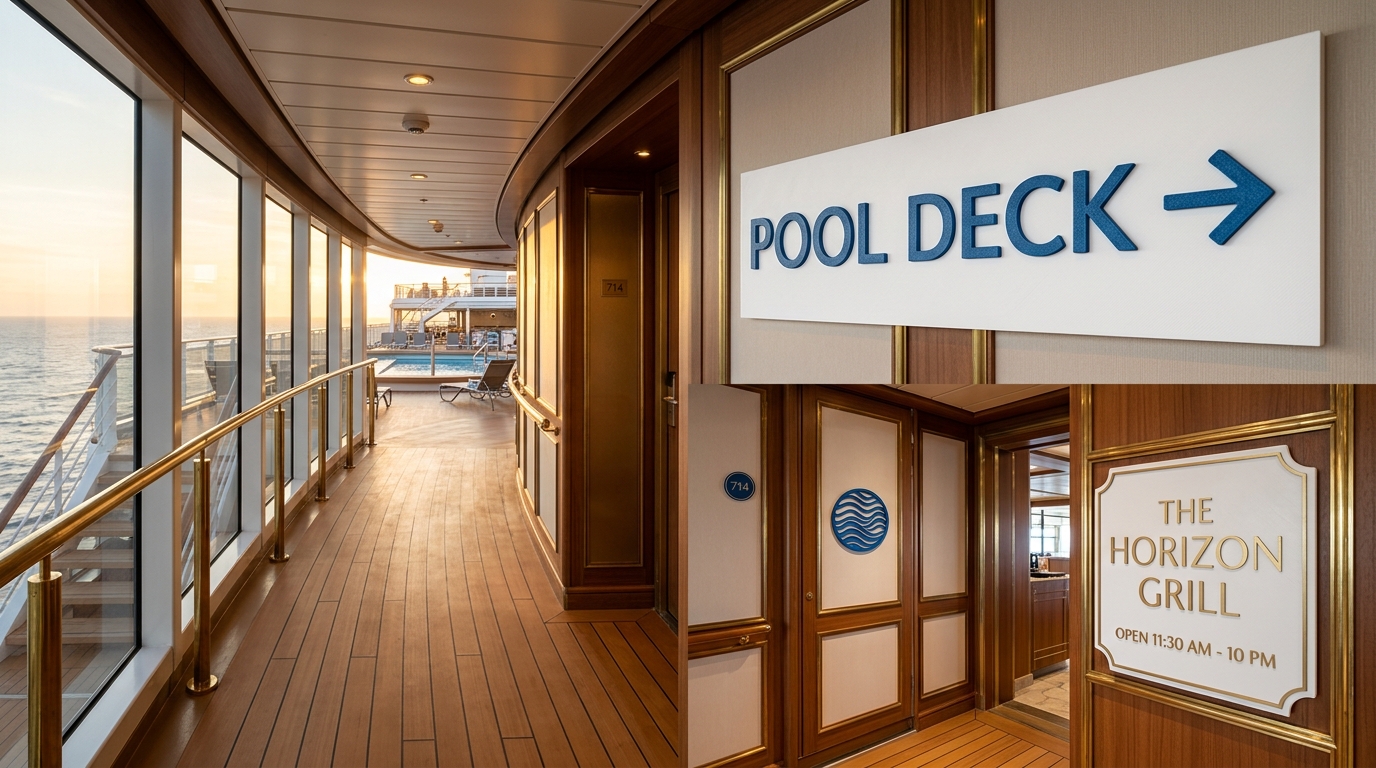 Cruise ship pool deck wayfinding signs